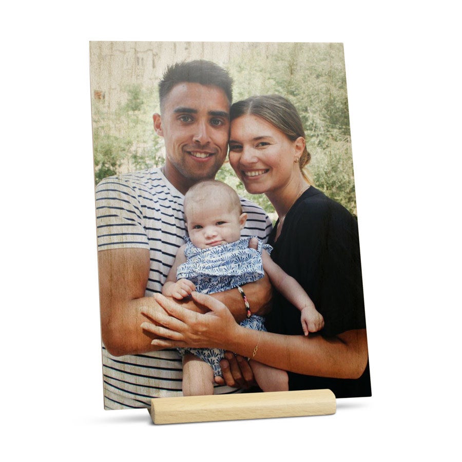 Wooden Mother's Day card on stand, shown from another angle, customized with a photo and message for mom