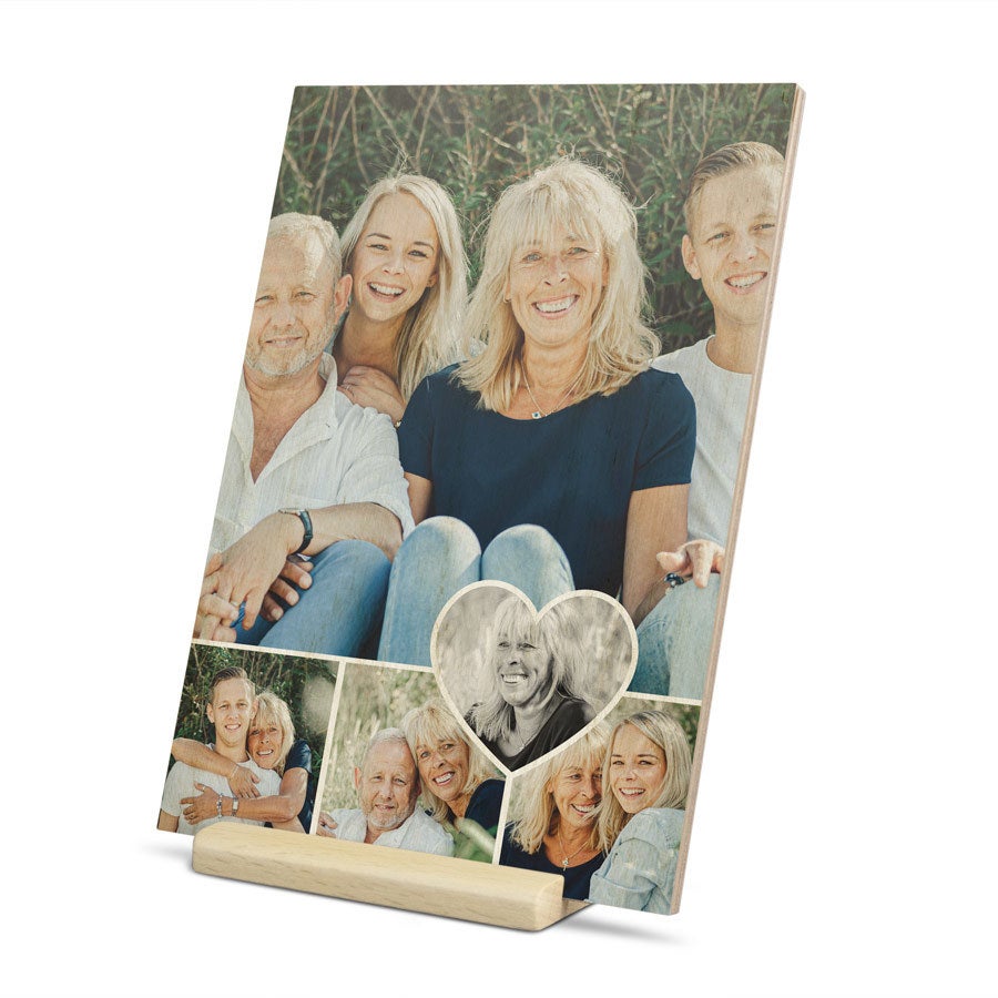 Wooden Mother's Day card on stand, with a different personalization example, customized with a photo and message for mom
