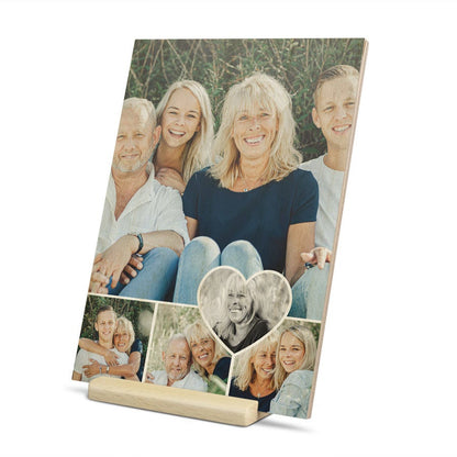 Wooden Mother's Day card on stand, with a different personalization example, customized with a photo and message for mom