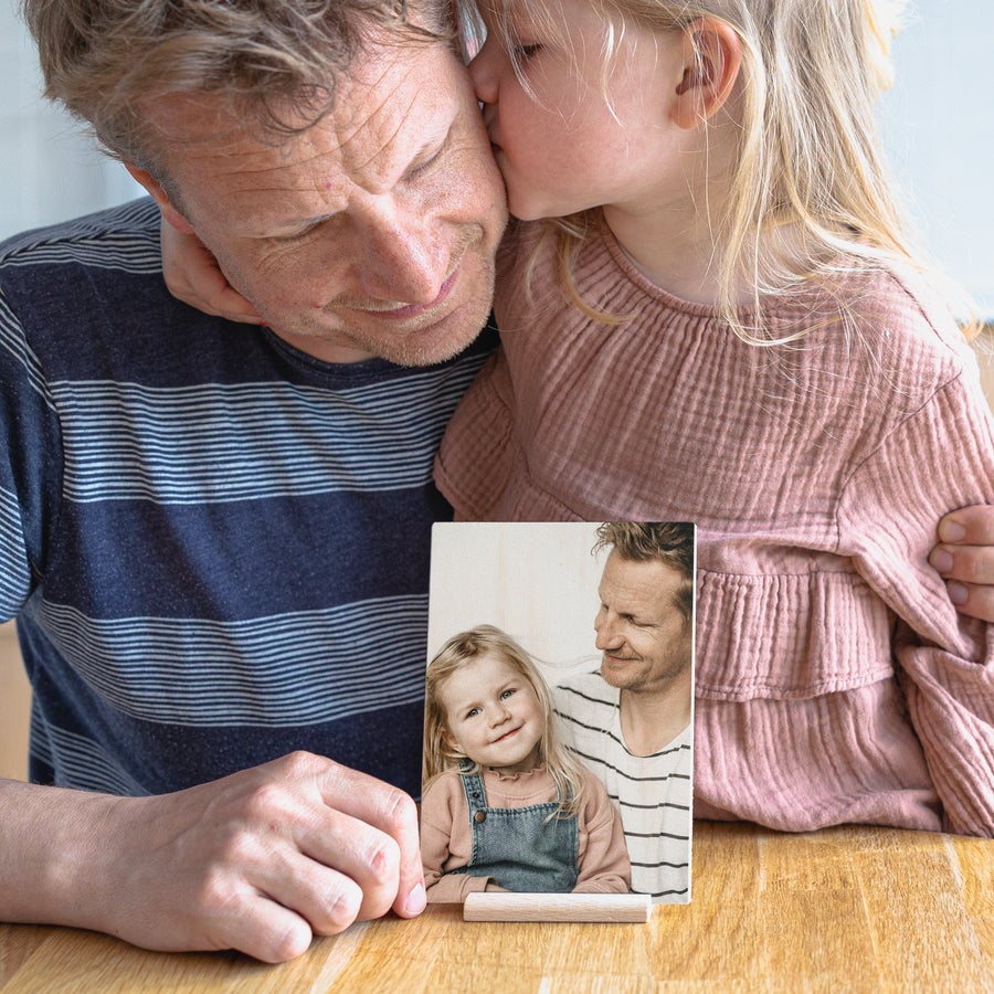 Wooden photo greeting card on stand, alternate view, customized with a UV-printed photo and text