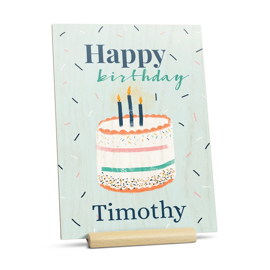 Wooden photo greeting card on stand customized with a UV-printed photo and text by Giftaty