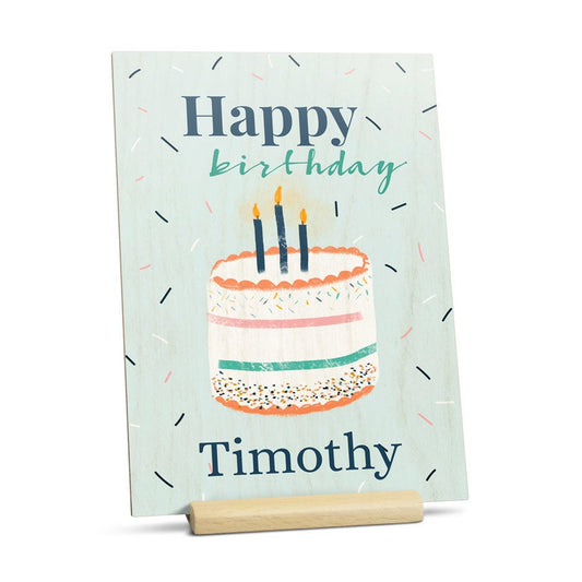 Wooden photo greeting card on stand customized with a UV-printed photo and text by Giftaty