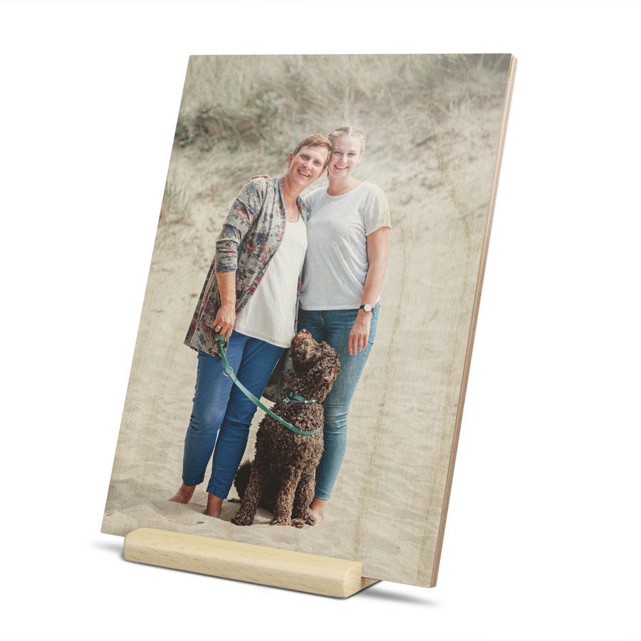 Wooden photo greeting card on stand, another example design, customized with a UV-printed photo and text