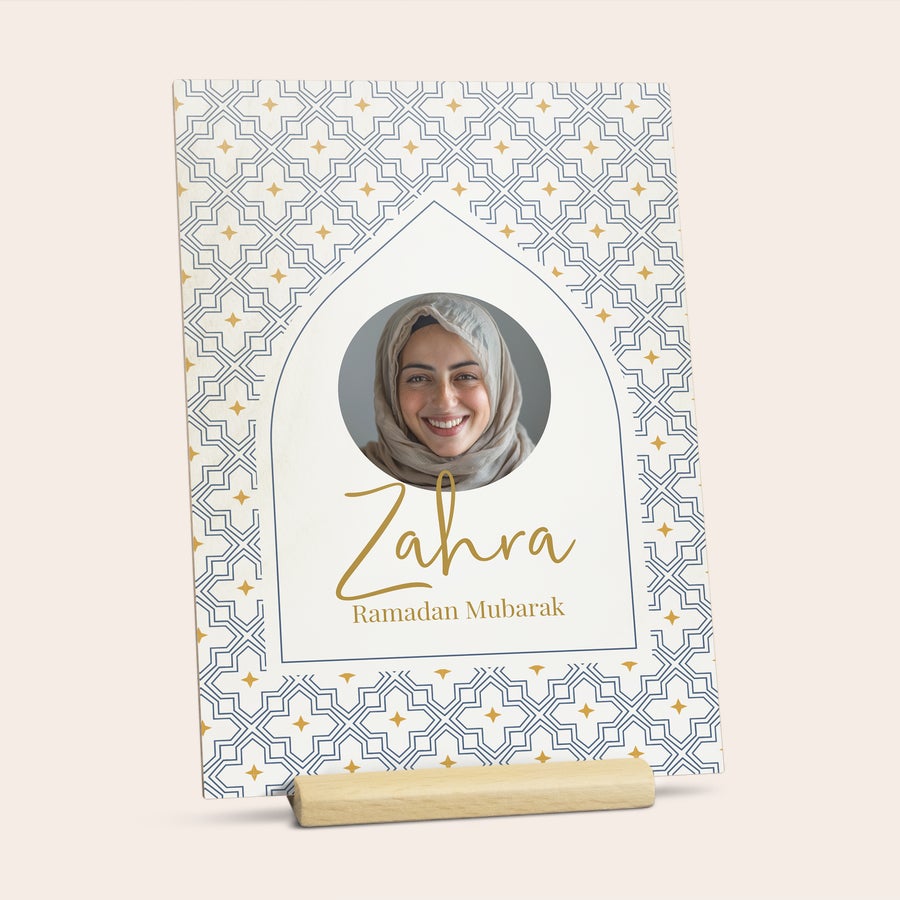 Wooden photo greeting card on stand, close-up detail, customized with a UV-printed photo and text