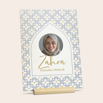 Wooden photo greeting card on stand, close-up detail, customized with a UV-printed photo and text