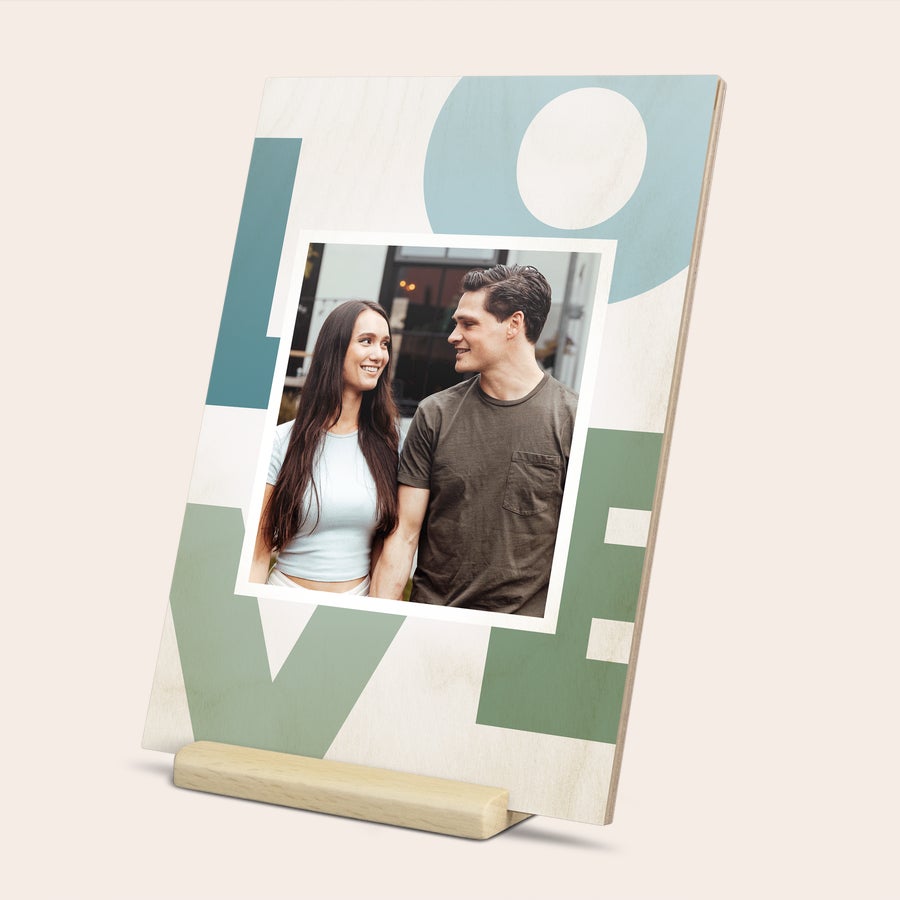 Wooden photo greeting card on stand, shown from another angle, customized with a UV-printed photo and text
