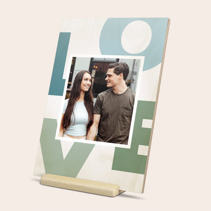 Wooden photo greeting card on stand, shown from another angle, customized with a UV-printed photo and text