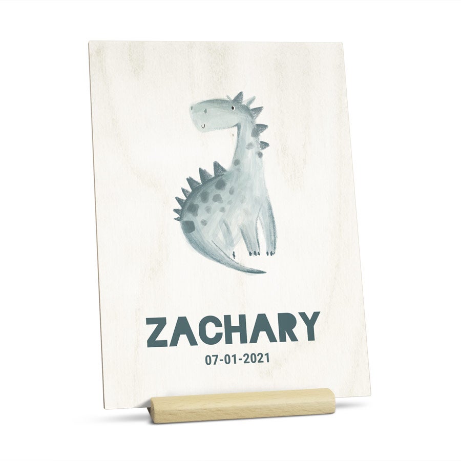 Wooden photo greeting card on stand, with a different personalization example, customized with a UV-printed photo and text