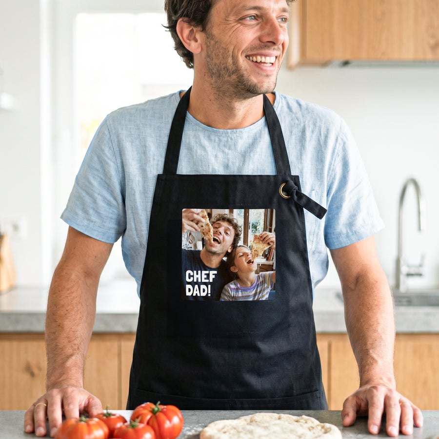 Black kitchen apron with a custom photo print, example design