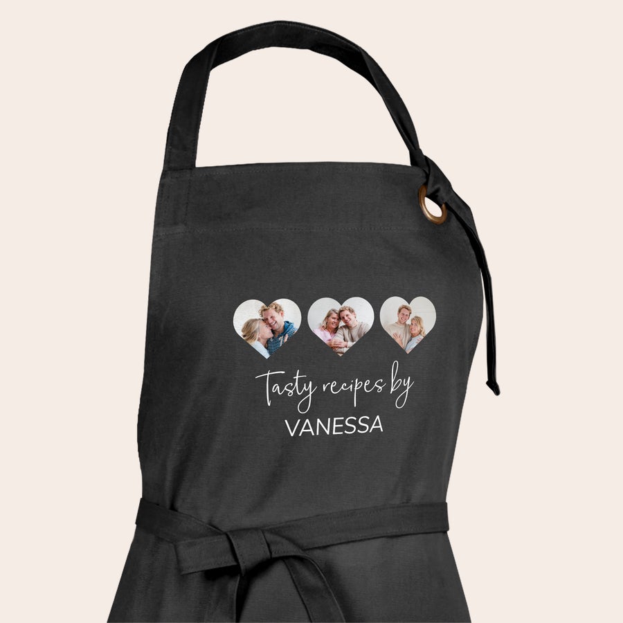 Personalized photo kitchen apron gift in black cotton by Giftaty