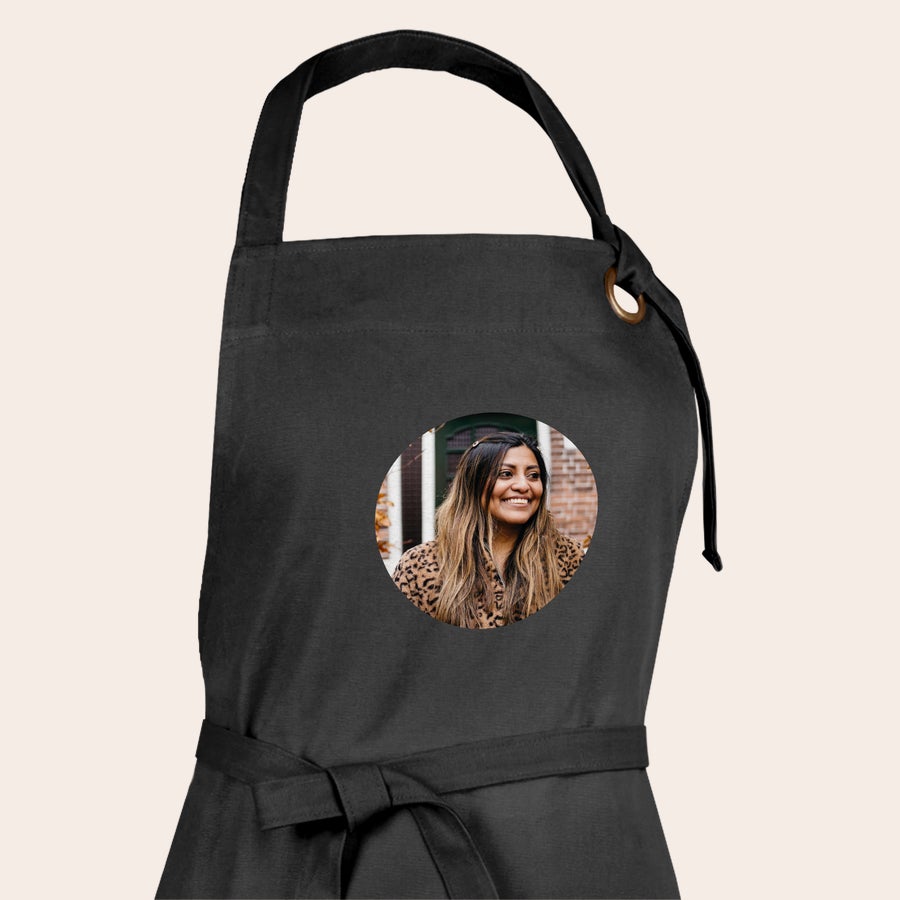 Custom printed kitchen apron with photo and text example