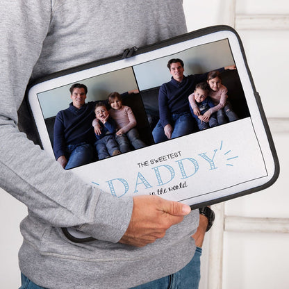 Personalized neoprene laptop sleeve with custom photo design, front view