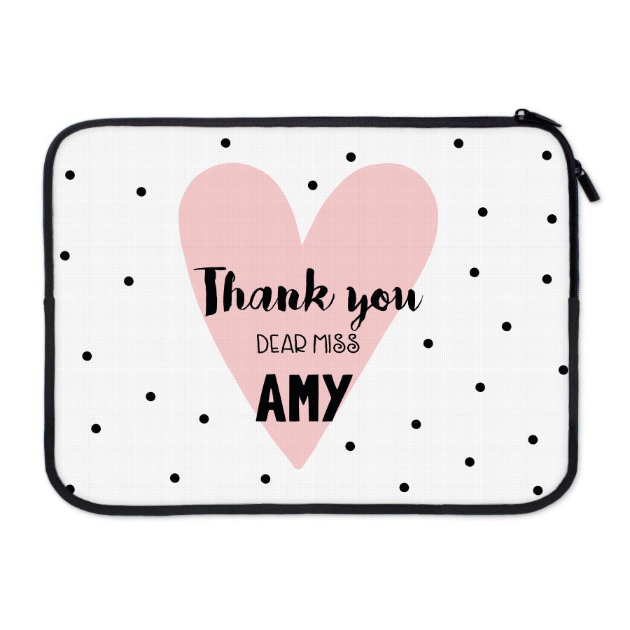Personalized laptop sleeve detail showing soft neoprene and custom print