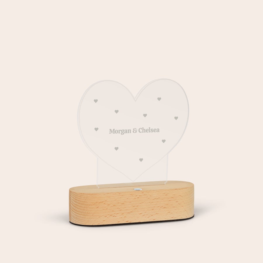 Personalized heart acrylic light with names, side view