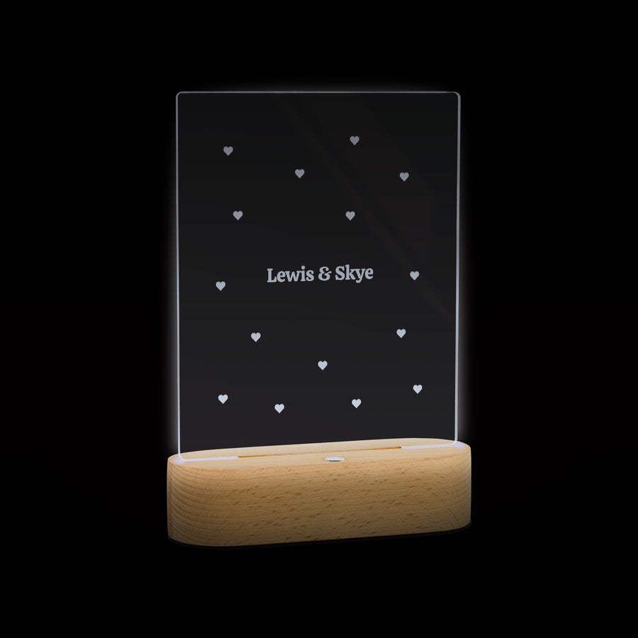 Rectangle acrylic name light on its wooden stand, alternate view