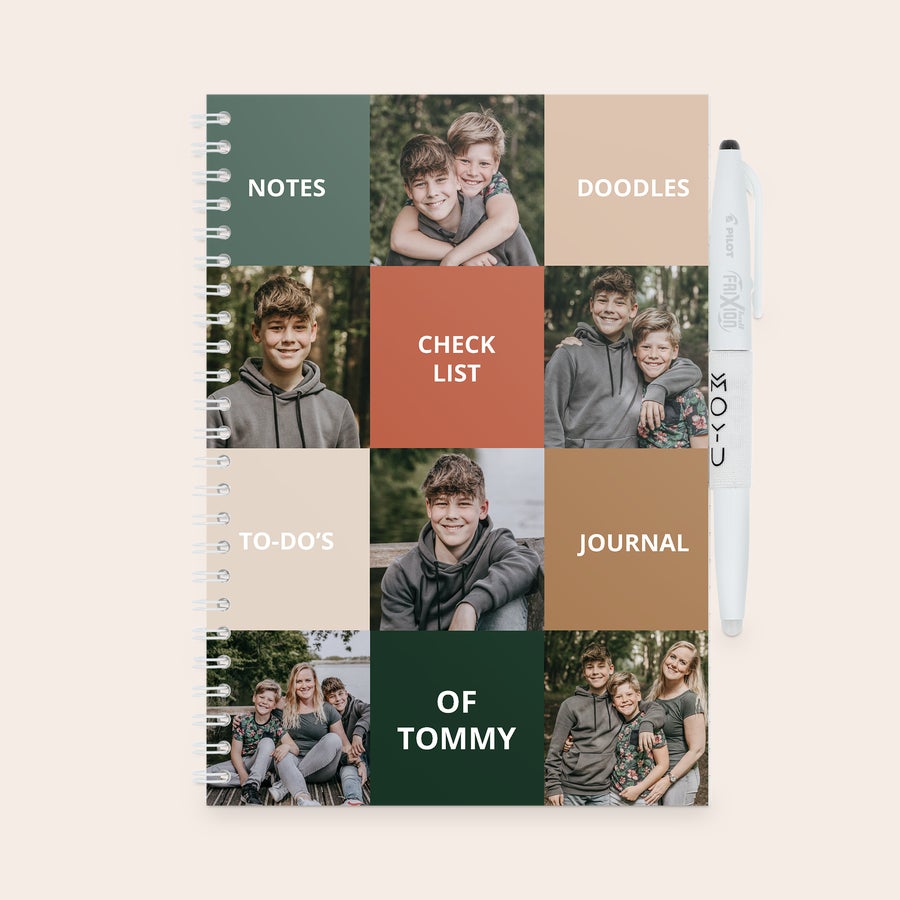 A5 notebook, close-up detail, with a customized photo and text cover