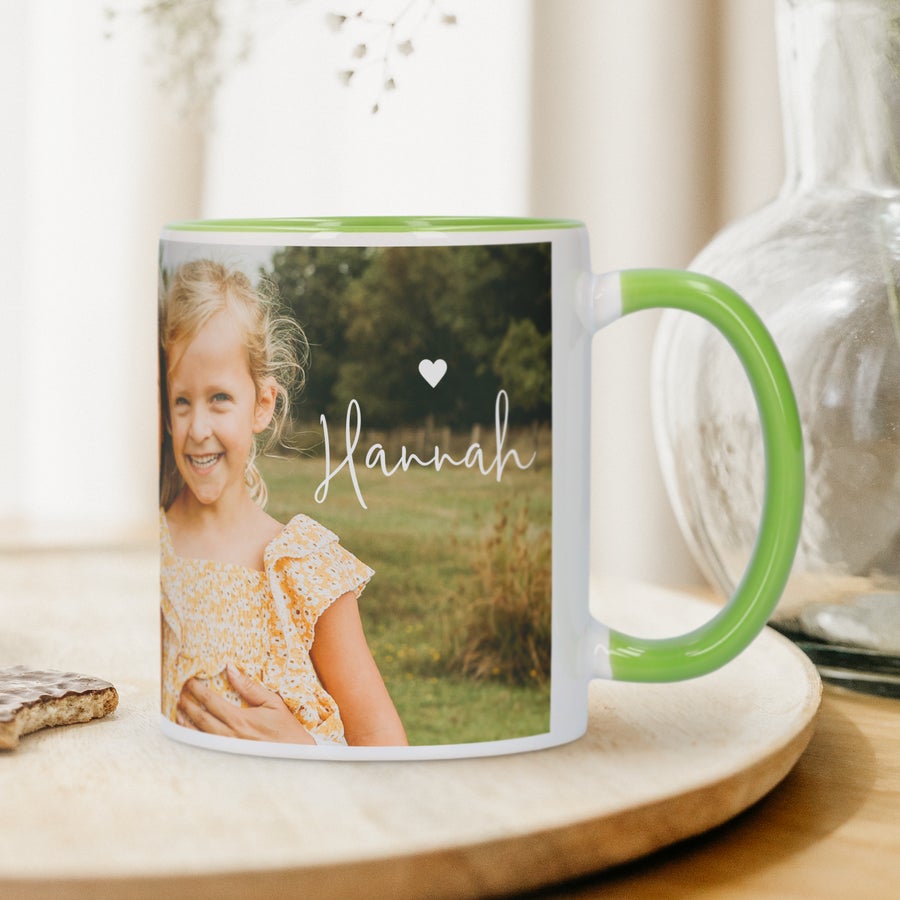 Customized ceramic mug gift with green interior and handle by Giftaty, alternate view