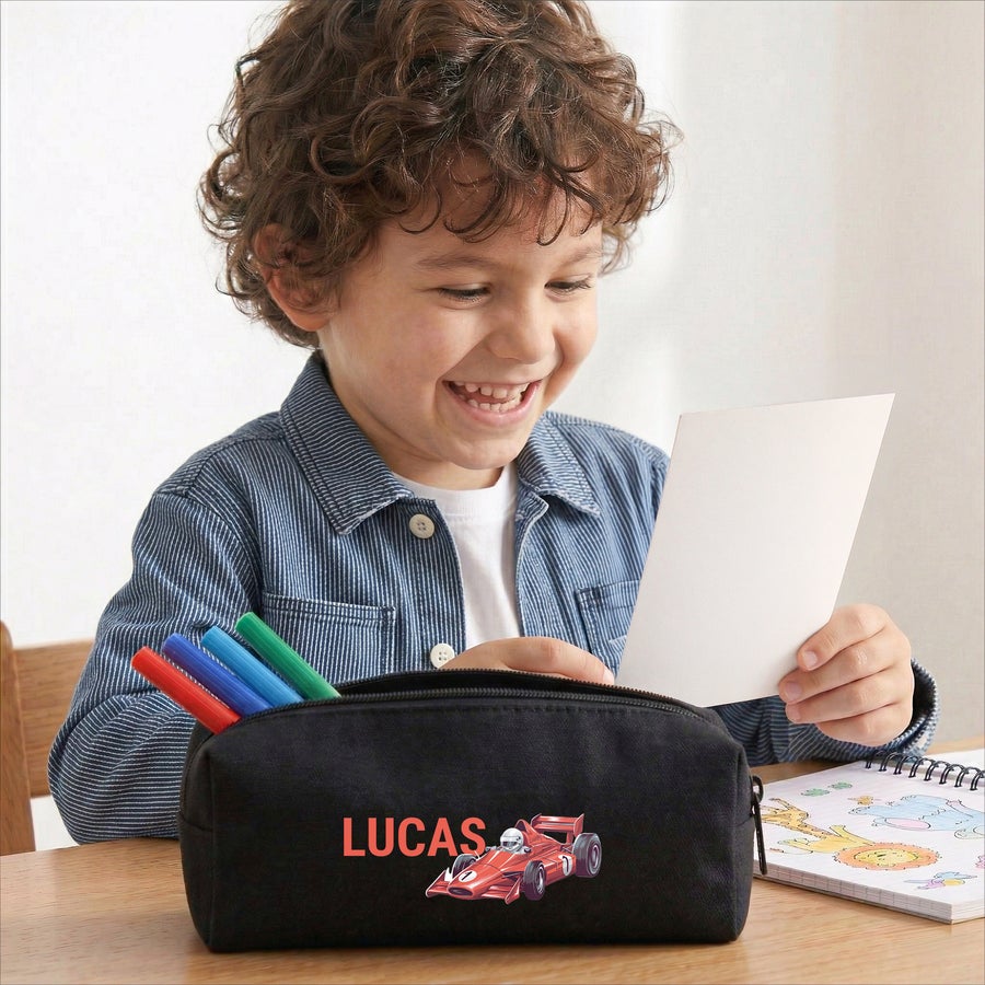 Black cotton pencil case with zip, alternate view, customized with a printed name or photo