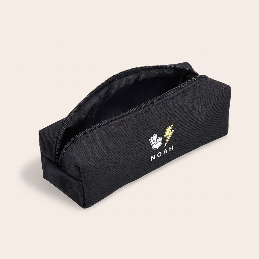 Black cotton pencil case with zip customized with a printed name or photo by Giftaty