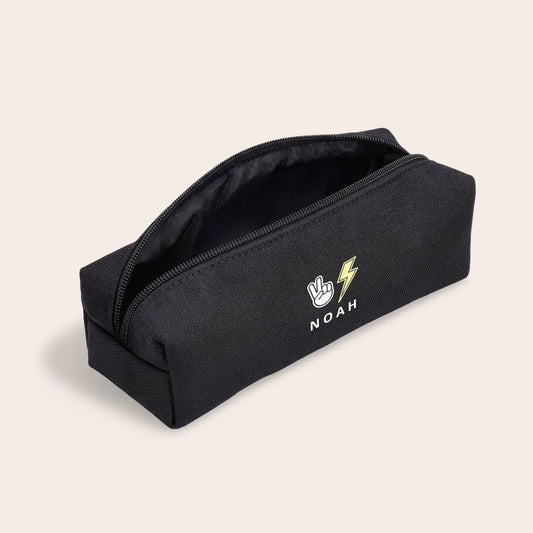 Black cotton pencil case with zip customized with a printed name or photo by Giftaty
