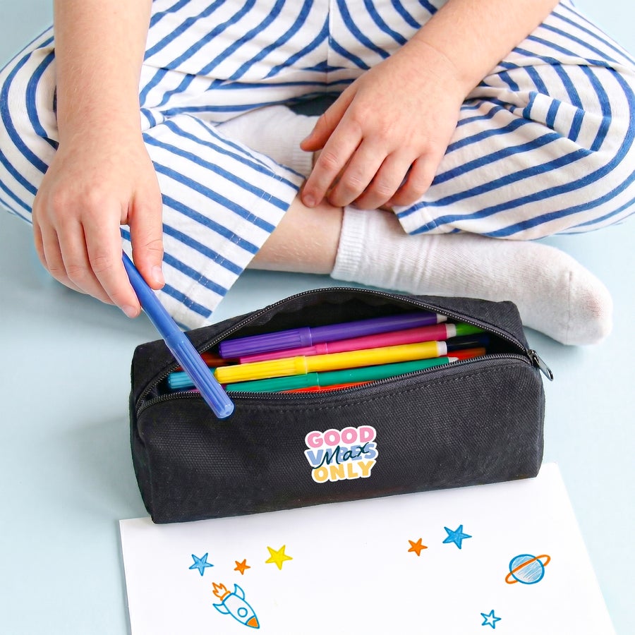 Black cotton pencil case with zip, another example design, customized with a printed name or photo