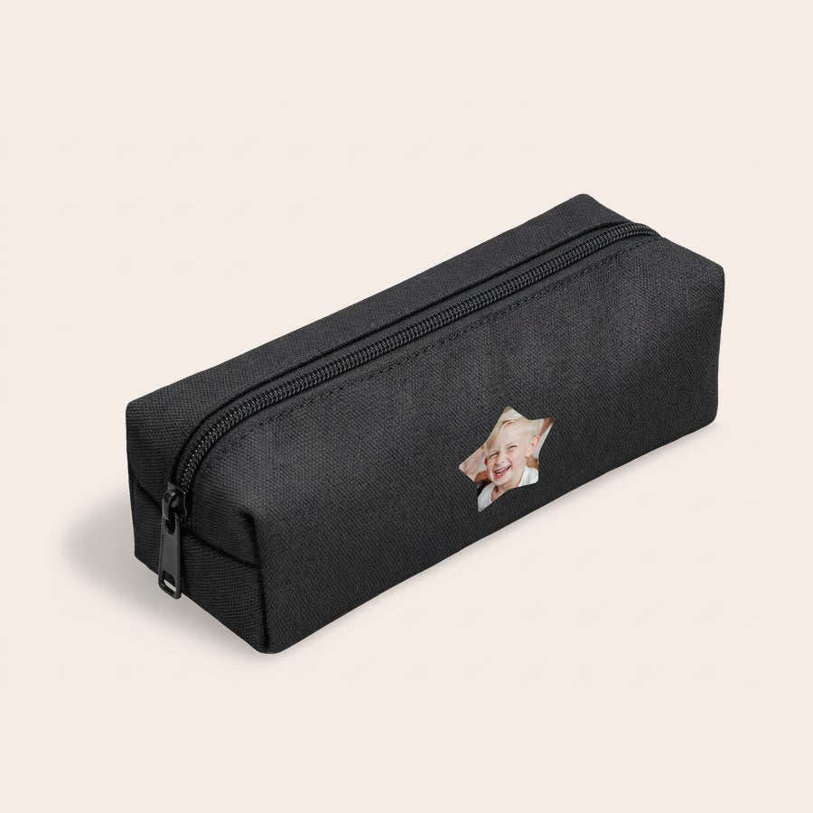 Black cotton pencil case with zip, close-up detail, customized with a printed name or photo