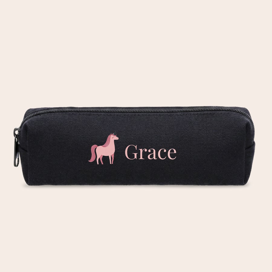 Black cotton pencil case with zip, shown from another angle, customized with a printed name or photo
