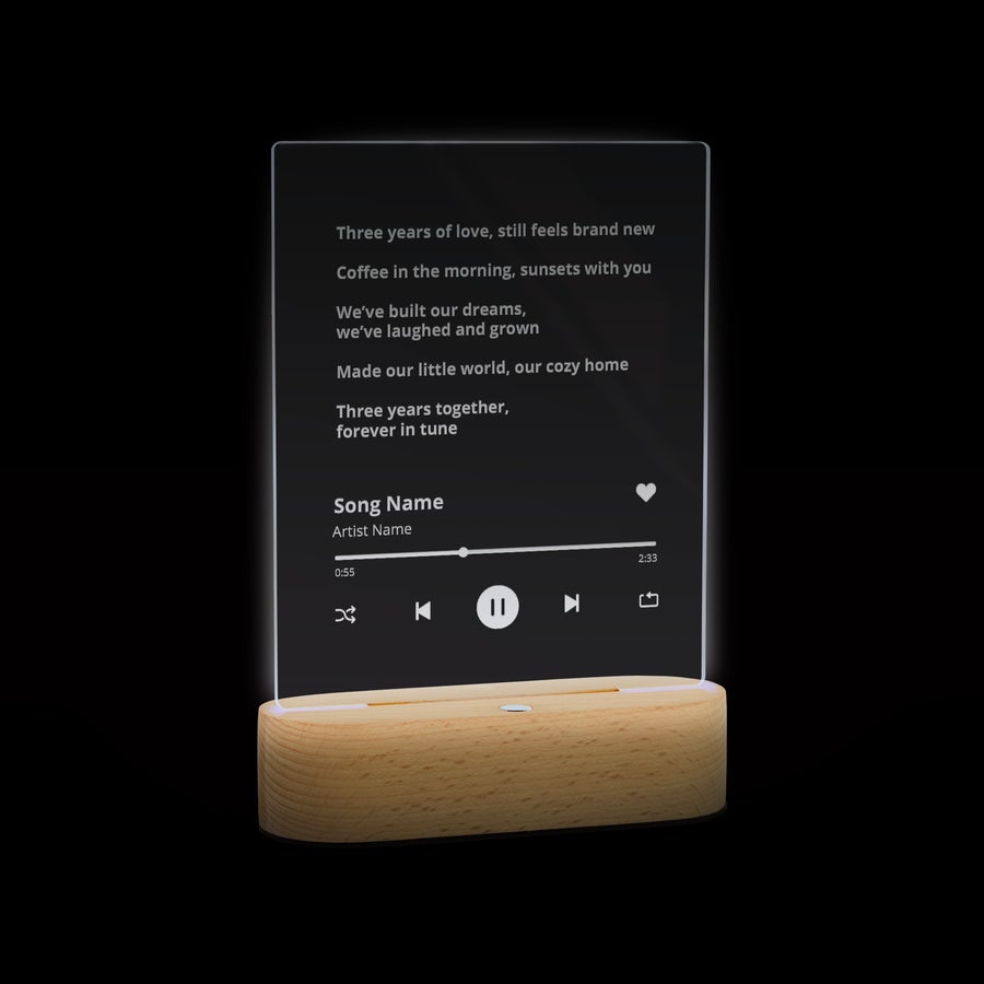 Custom song photo light on its wooden base, alternate view