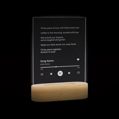 Custom song photo light on its wooden base, alternate view