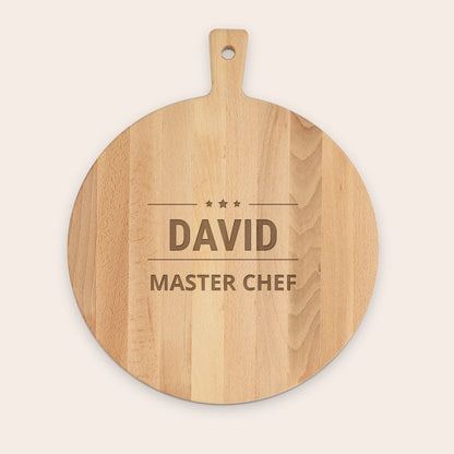 Round beech wood pizza board with handle and customized text engraving by Giftaty