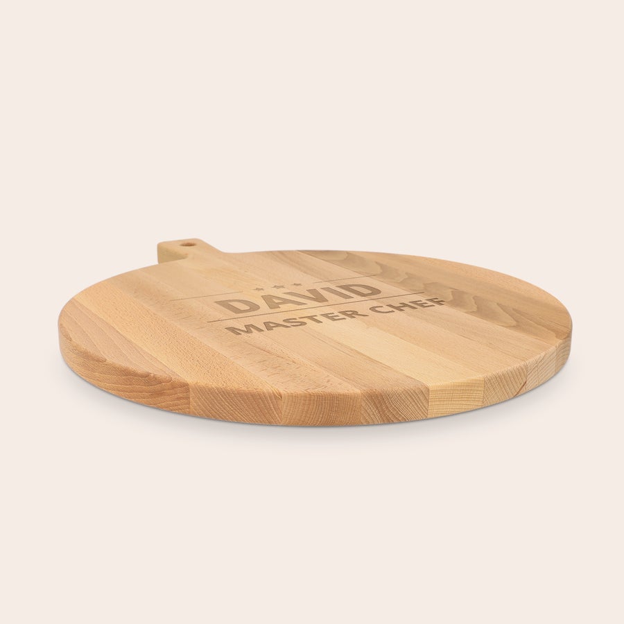 Round beech wood pizza board with handle, another example design, and customized text engraving