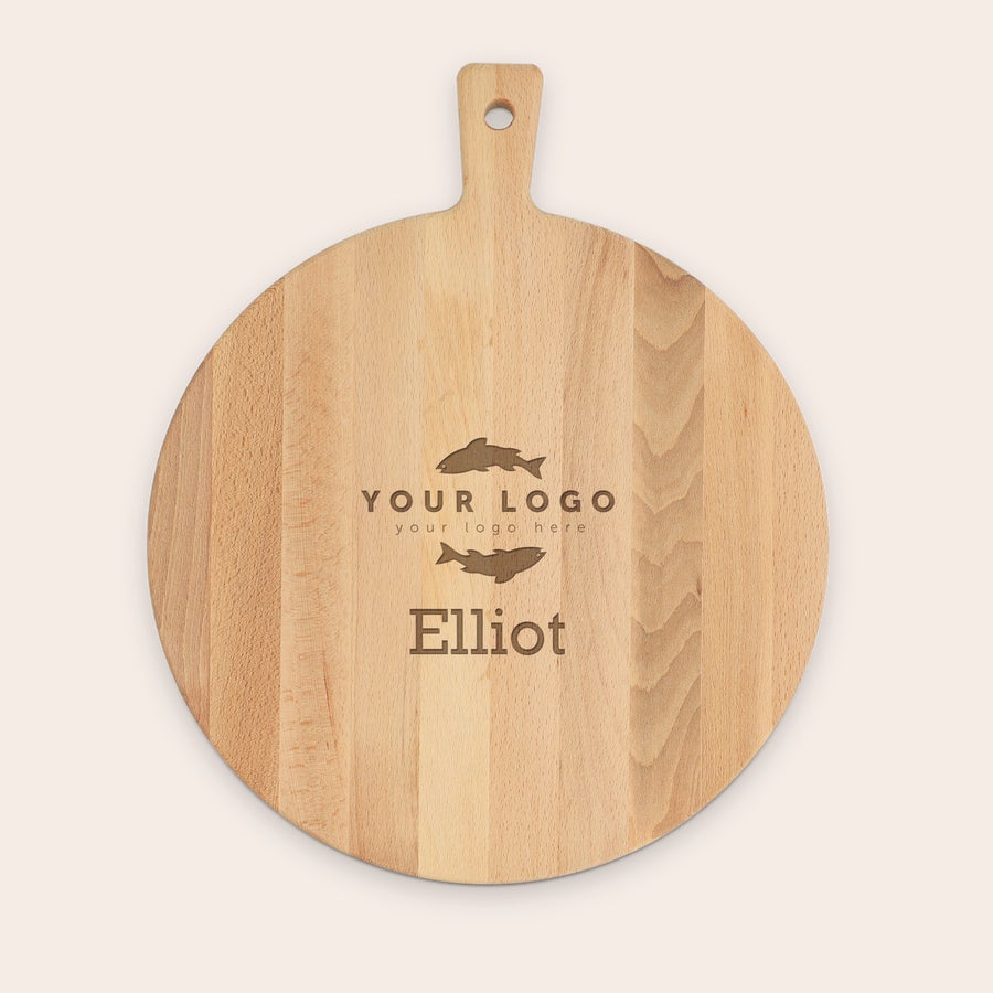 Round beech wood pizza board with handle, additional example, and customized text engraving