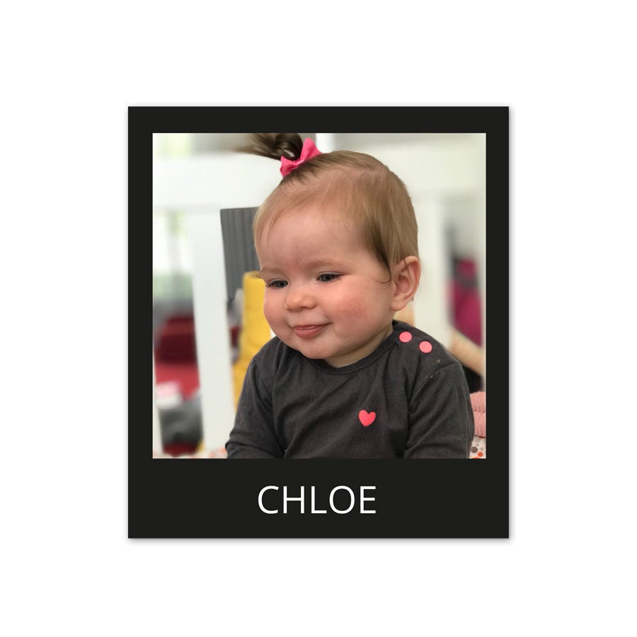 Retro photo print with custom text, close view