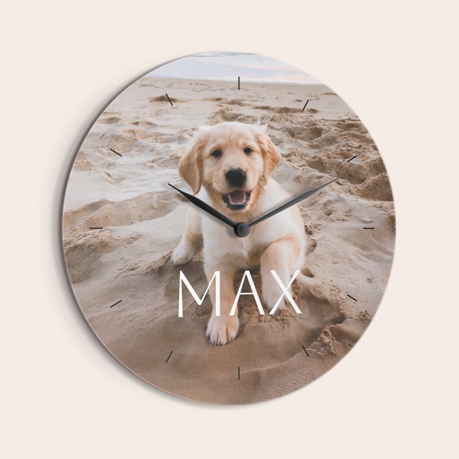Round photo clock printed in full HD colour, example design