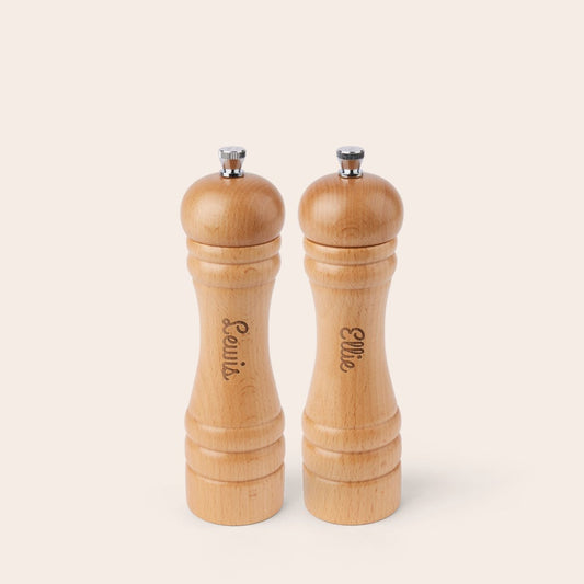 Beech wood salt and pepper grinder set with customized engraved names by Giftaty