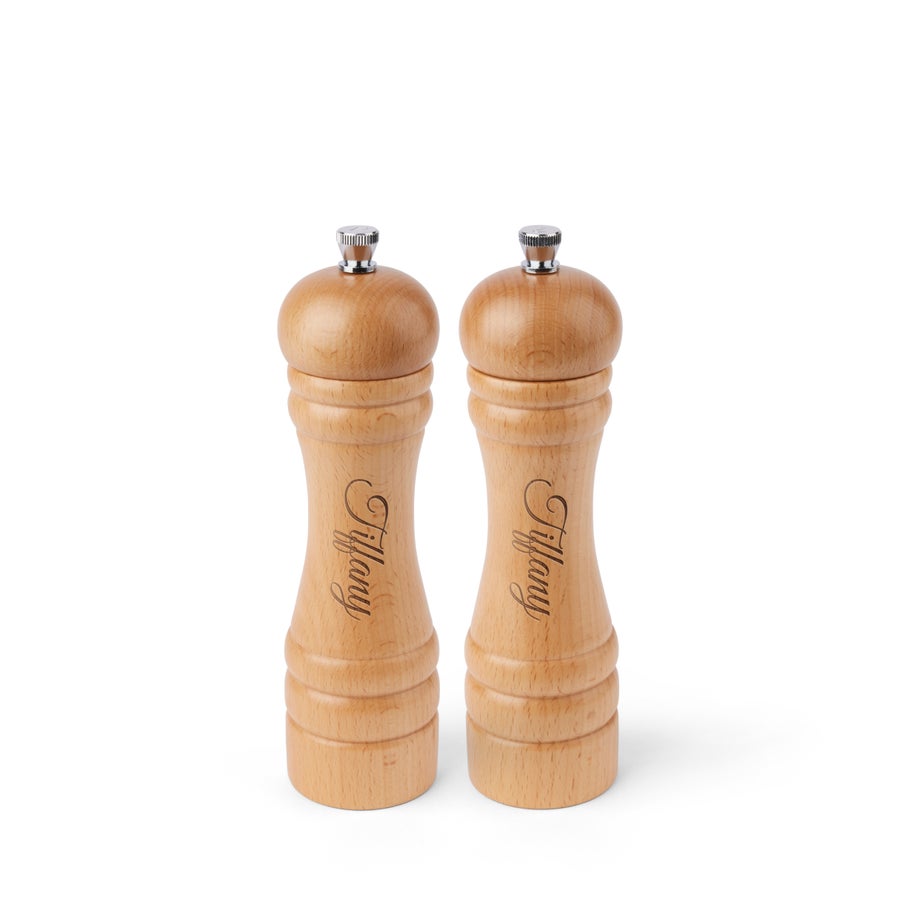 Beech wood salt and pepper grinder set, alternate view, with customized engraved names