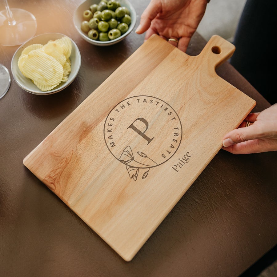 Rectangular beech wood serving platter, alternate view, with customized text engraving