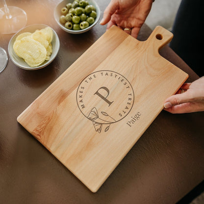 Rectangular beech wood serving platter, alternate view, with customized text engraving
