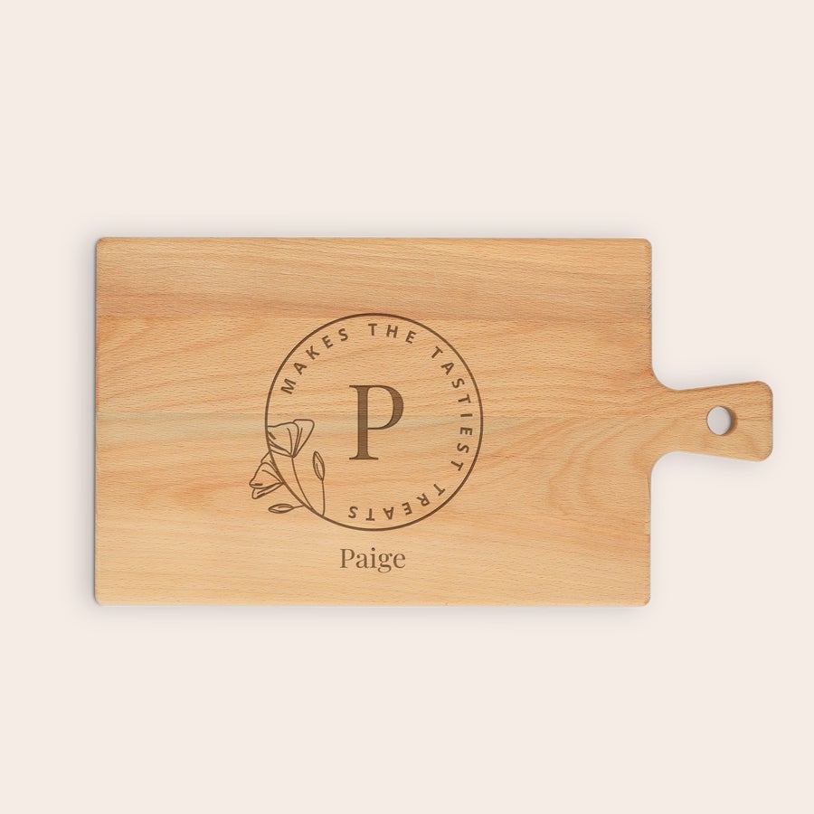 Rectangular beech wood serving platter with customized text engraving by Giftaty