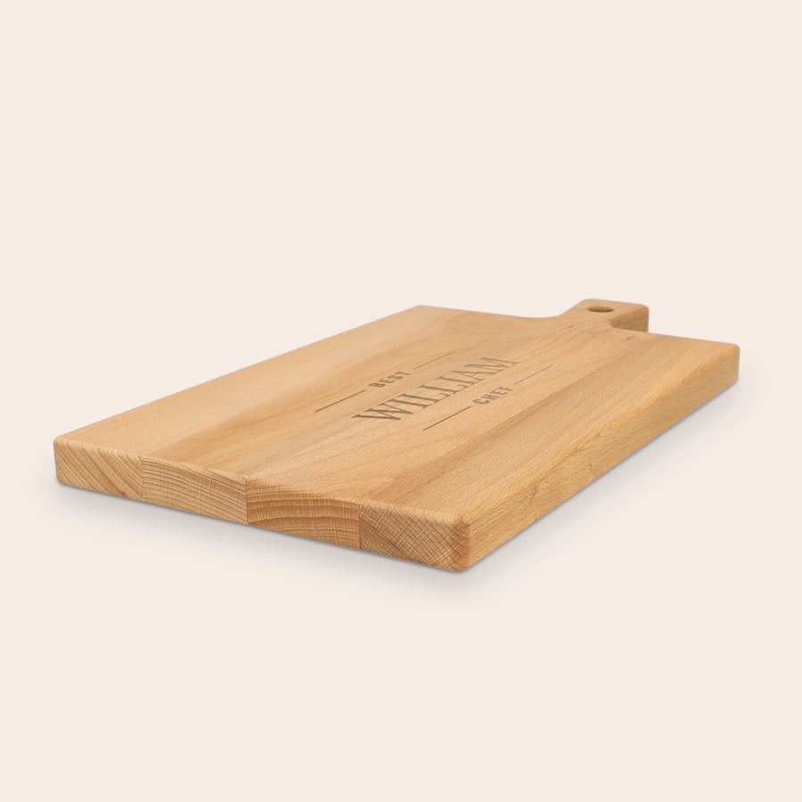 Rectangular beech wood serving platter, another example design, with customized text engraving
