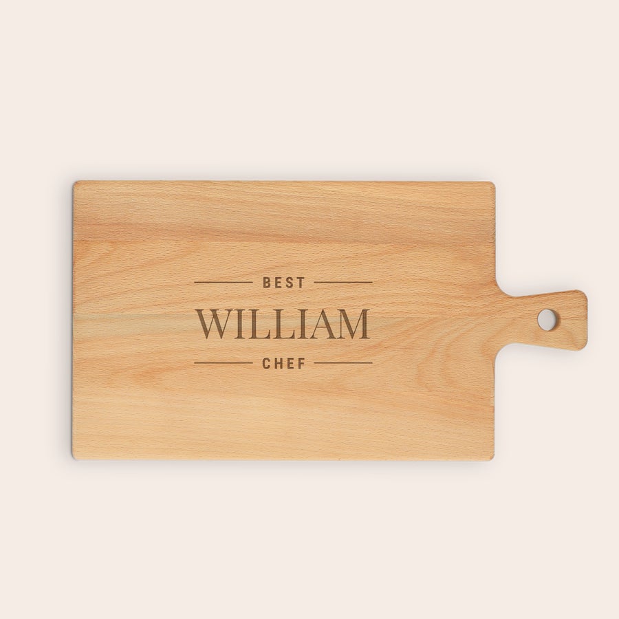 Rectangular beech wood serving platter, close-up detail, with customized text engraving