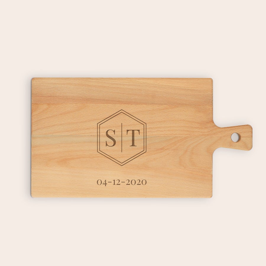 Rectangular beech wood serving platter, shown from another angle, with customized text engraving