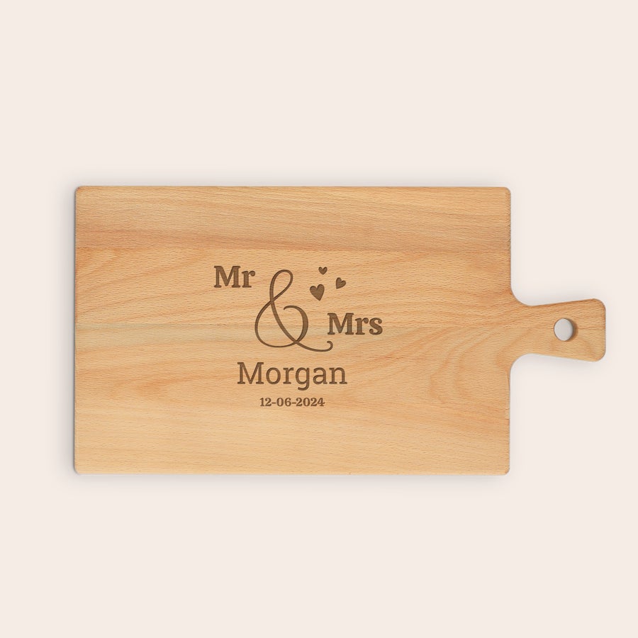 Rectangular beech wood serving platter, with a different personalization example, with customized text engraving