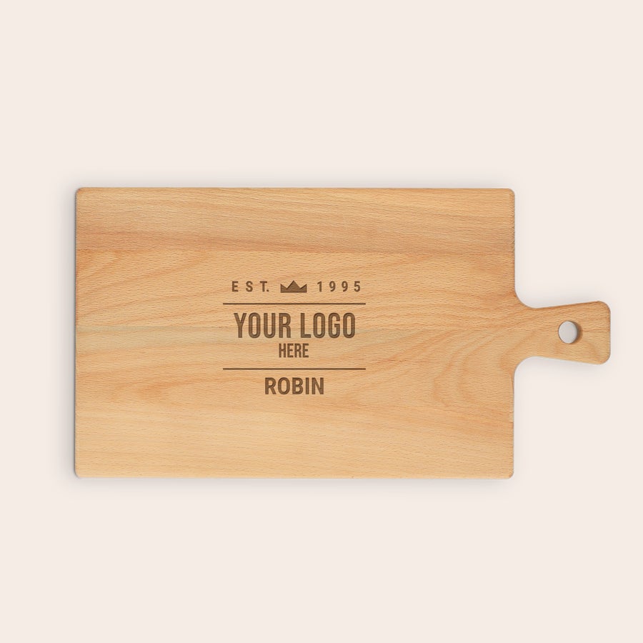 Rectangular beech wood serving platter, additional example, with customized text engraving