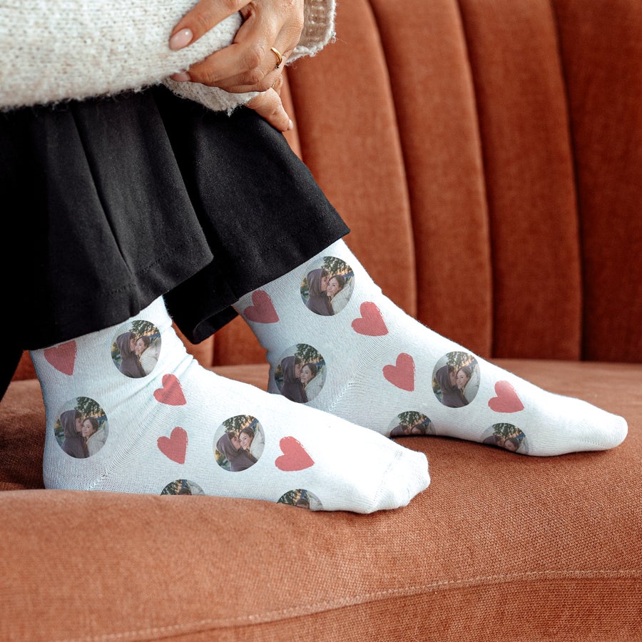 Custom printed photo socks shown as an example personalized design