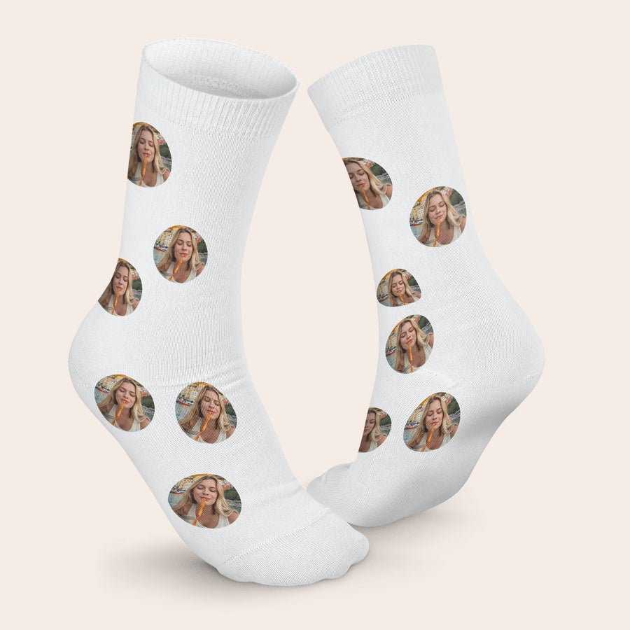 Photo socks gift example showing a custom printed design