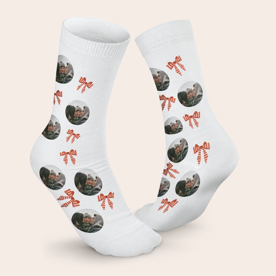 Personalized socks worn with a custom photo design, example view