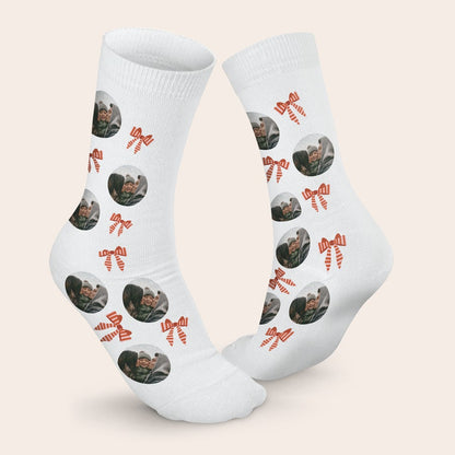 Personalized socks worn with a custom photo design, example view
