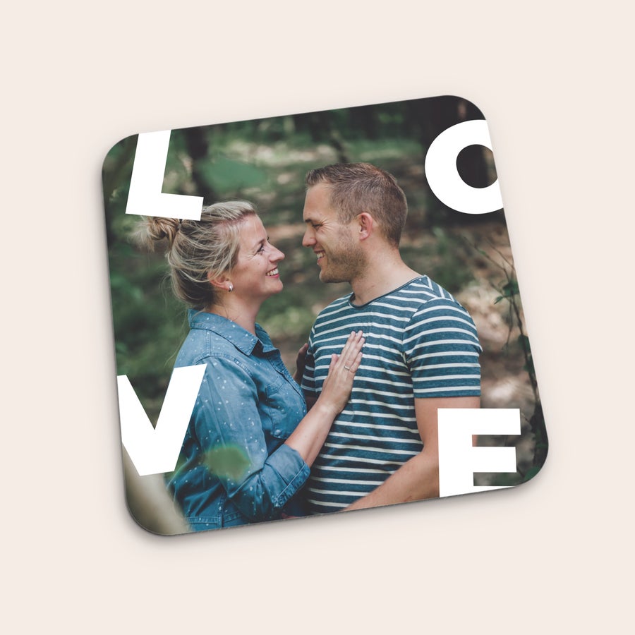 Square photo coaster, another example design, customized with a full-colour photo, name or logo