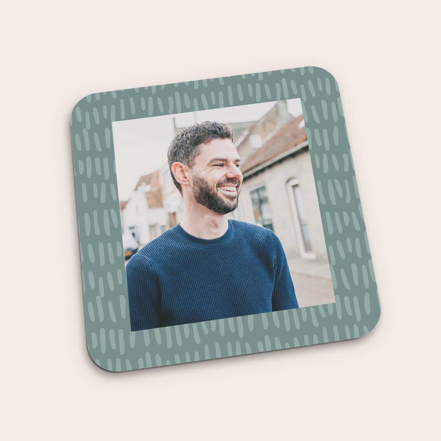 Square photo coaster, shown from another angle, customized with a full-colour photo, name or logo
